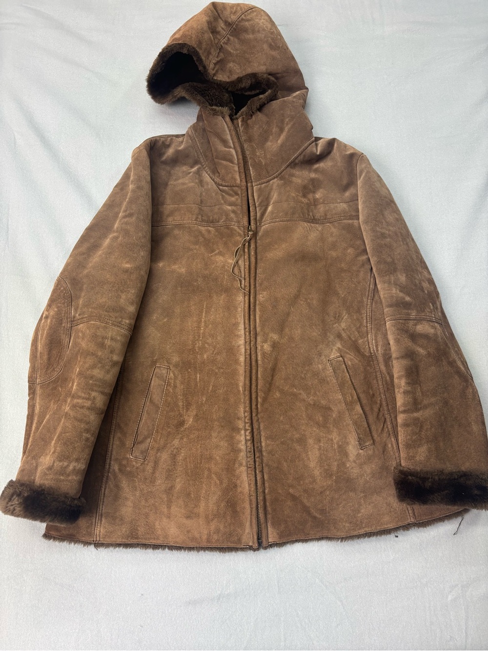 Jones Sport Womens XL Brown Faux Suede Faux Fur Lined Hooded Jacket Coat
